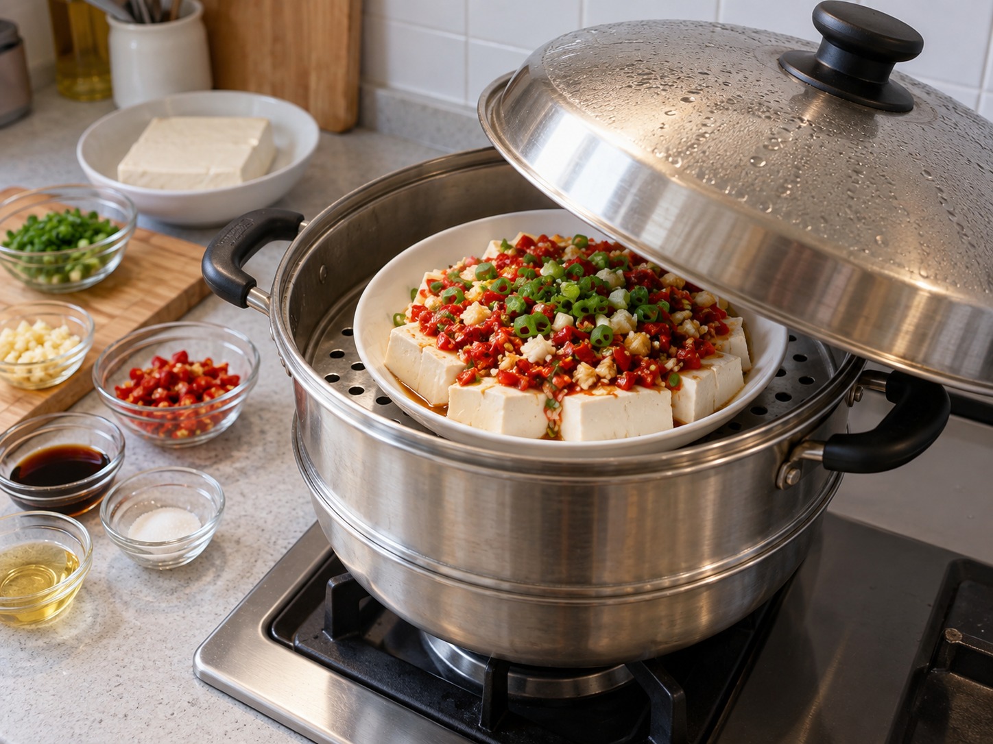 Hunan Chopped Chilli Steamed Tofu — Ilagay ang tokwa at takpan ang steamer
