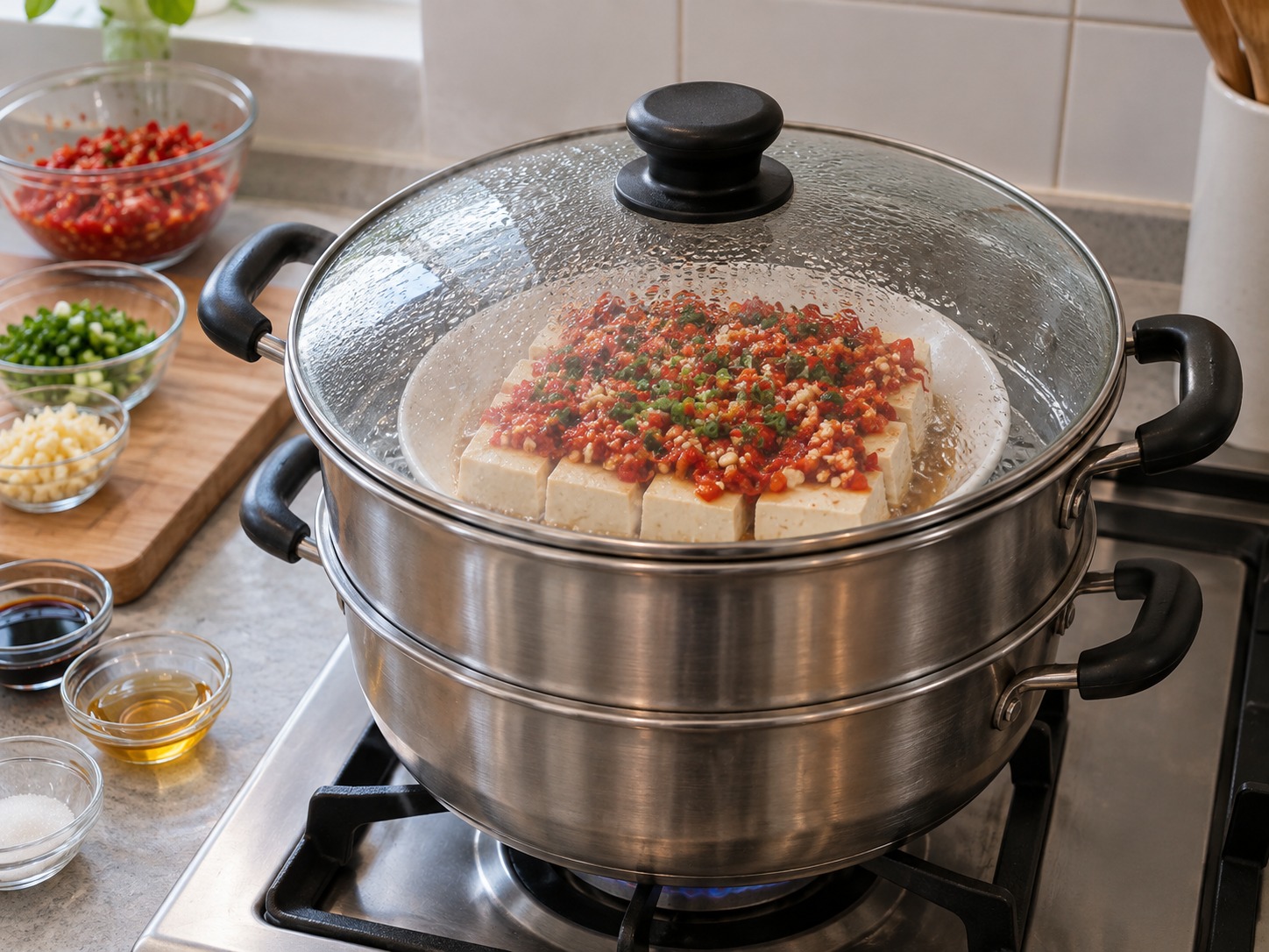 Hunan Chopped Chilli Steamed Tofu — I-singaw sa malakas na apoy nang walong minuto hanggang mainit ang gitna