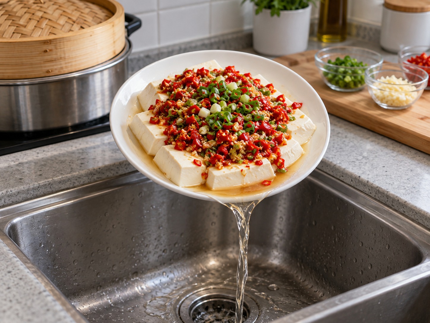 Hunan Chopped Chilli Steamed Tofu — Maingat na alisin ang sobrang tubig sa plato