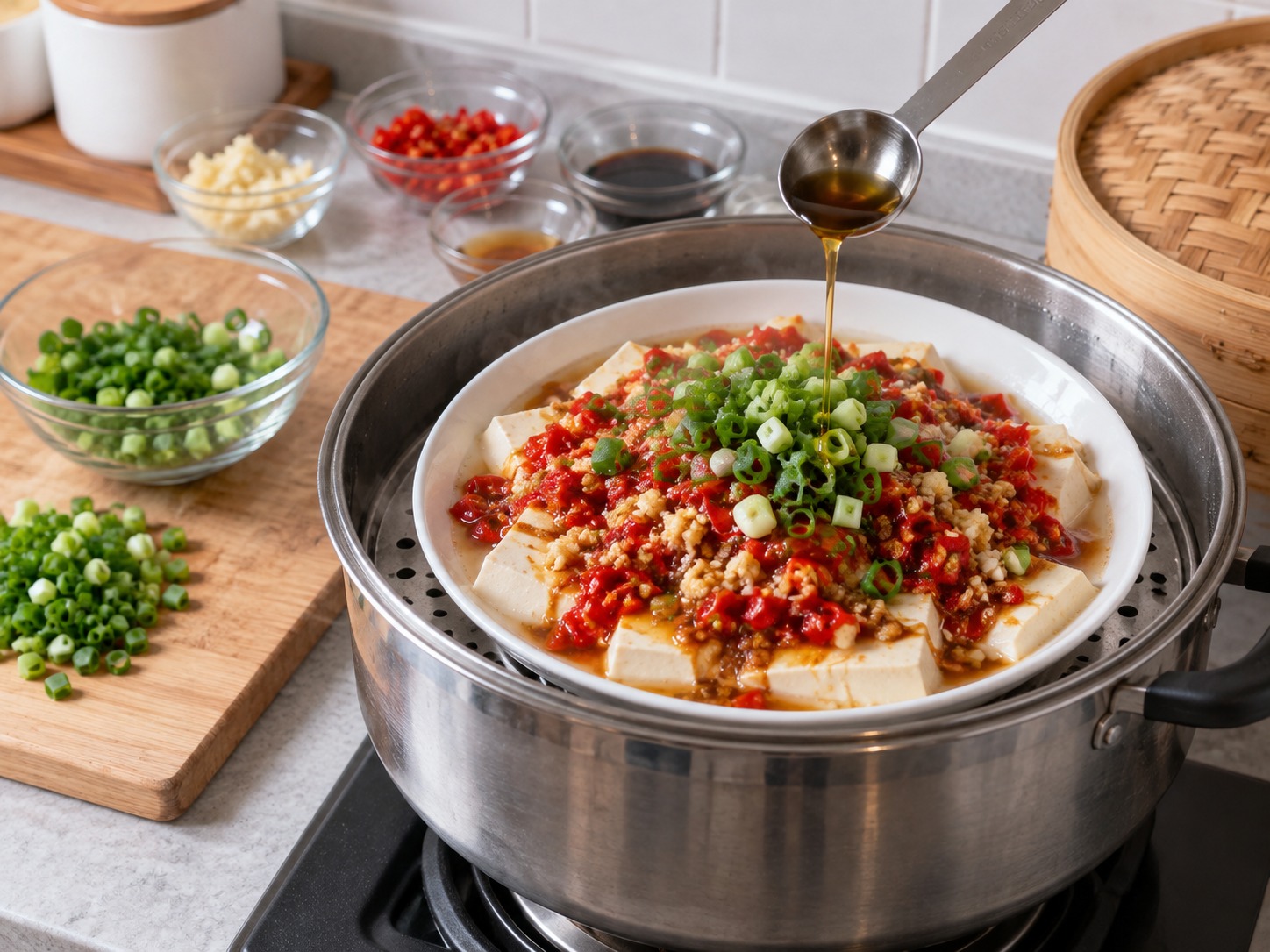 Hunan Chopped Chilli Steamed Tofu — Idagdag ang berdeng dahon ng sibuyas at sesame oil