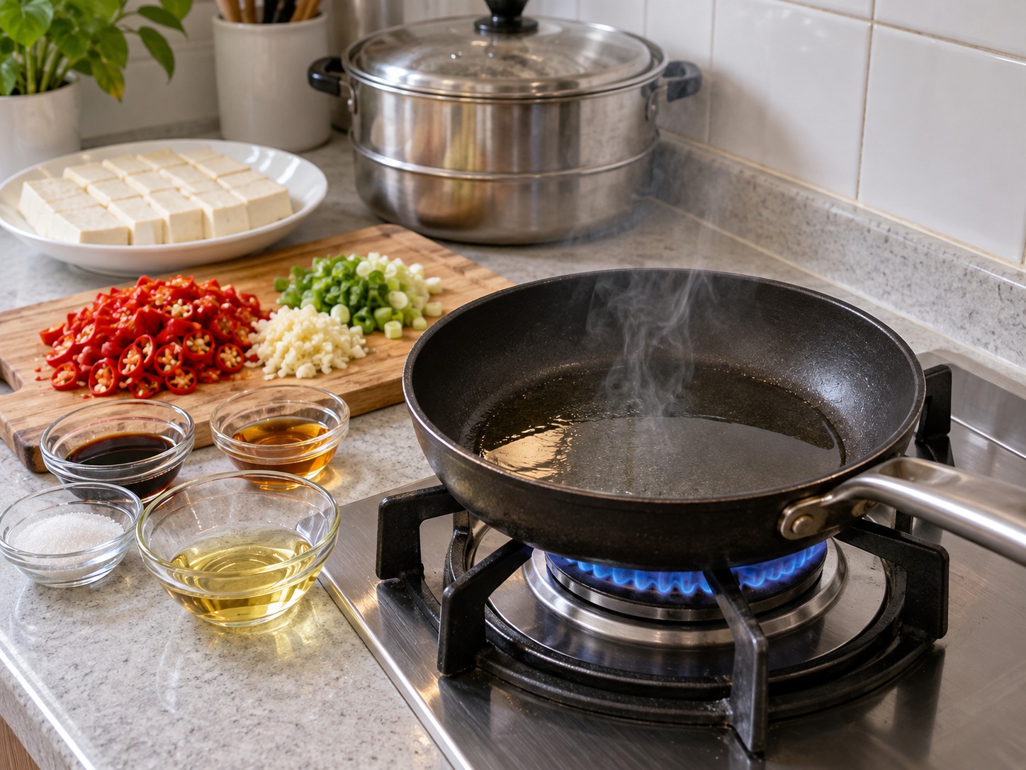 Hunan Chopped Chilli Steamed Tofu — Painitin ang mantika hanggang bahagyang umusok