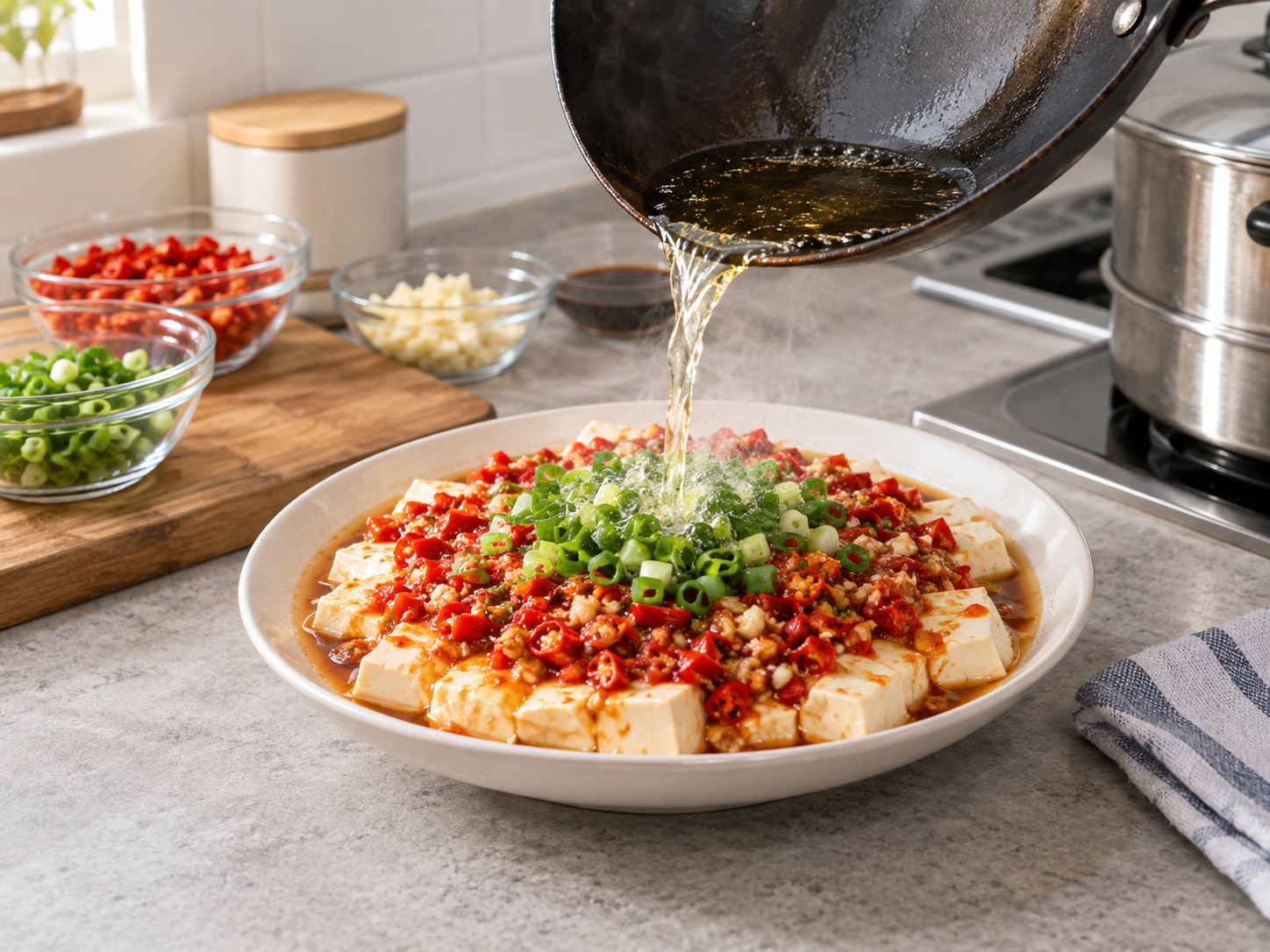 Hunan Chopped Chilli Steamed Tofu — Ibuhos ang mainit na mantika sa dahon ng sibuyas at ihain agad