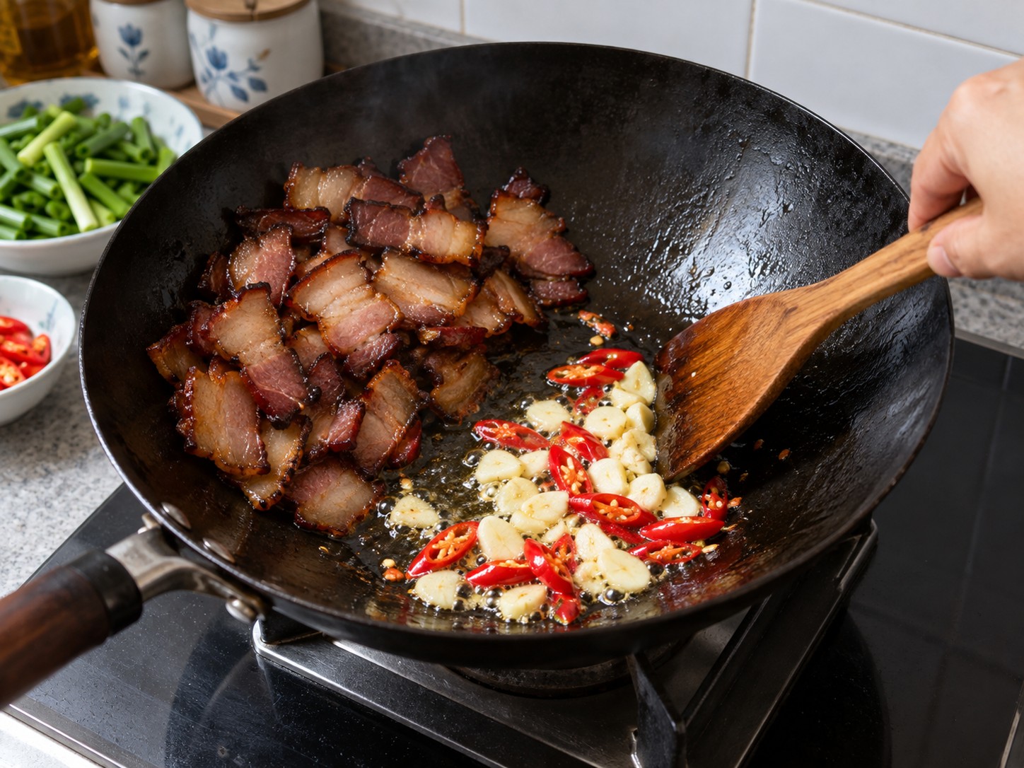 Babi Asap Hunan dengan Tunas Bawang Putih — 7. Pindahkan daging babi ke samping dan tambahkan bawang putih dan c