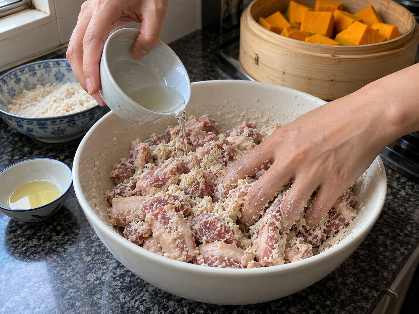 Baboy na Pinasingawan sa Harina ng Bigas Hunan — Ihalo ang mainit na tubig at mantika