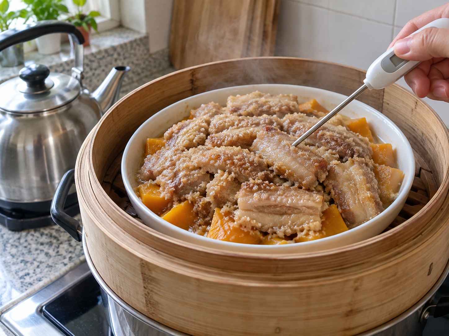 Baboy na Pinasingawan sa Harina ng Bigas Hunan — Idagdag sa steamer ang nakalistang 500 ml kumukulong tubig at lutuin pa nang 10 minuto hanggang malambot ang baboy.