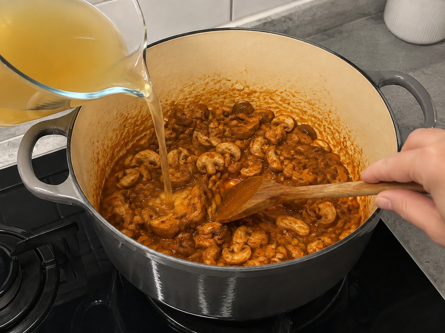 Hungarian Mushroom Paprika Soup — Gradually stir in vegetable stock