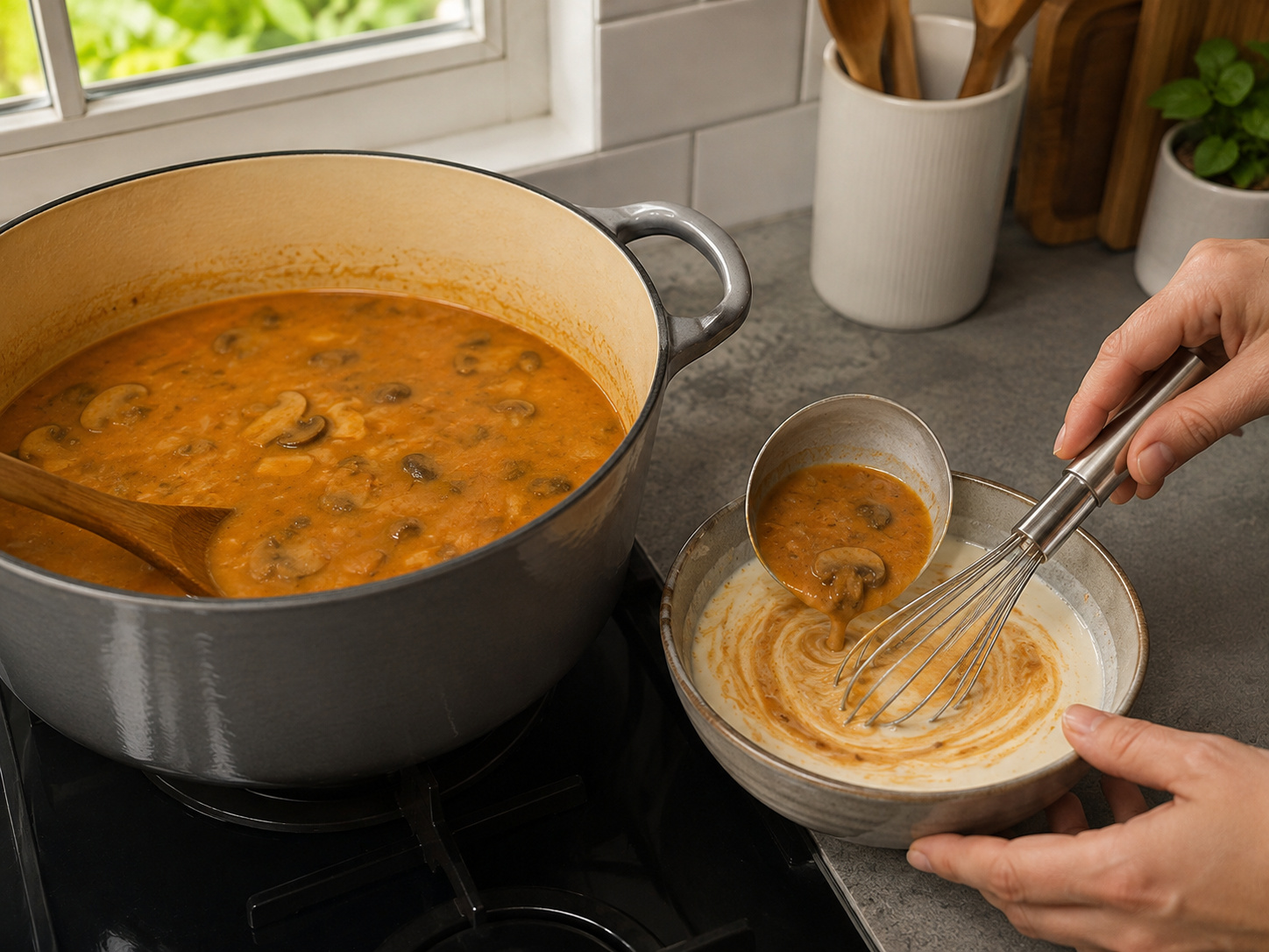 Hungarian Mushroom Paprika Soup — Temper sour cream with one ladle of hot soup