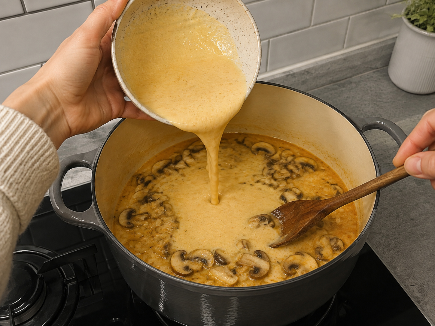 Hungarian Mushroom Paprika Soup — Stir sour cream mixture into the soup