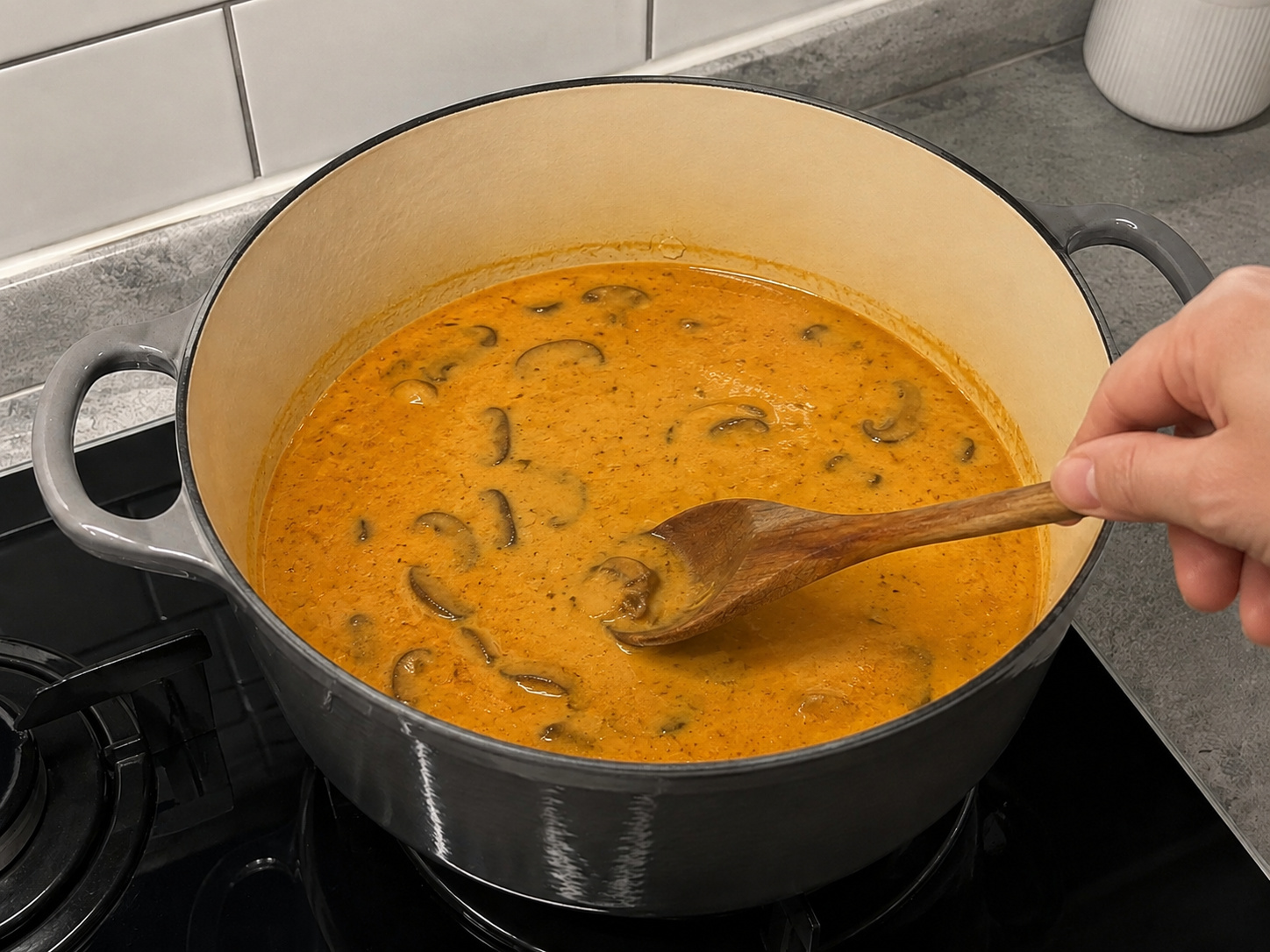 Hungarian Mushroom Paprika Soup — Heat gently without boiling hard