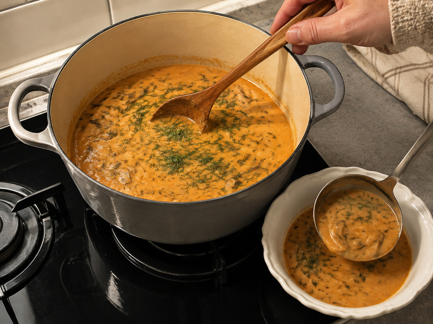 Hungarian Mushroom Paprika Soup — Stir in dill and ladle into bowls