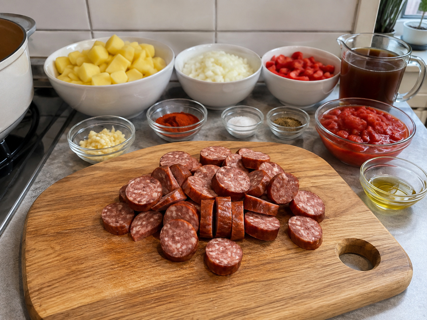 Semur Kentang Sosis Paprika Hungaria — Iris tebal sosis asap