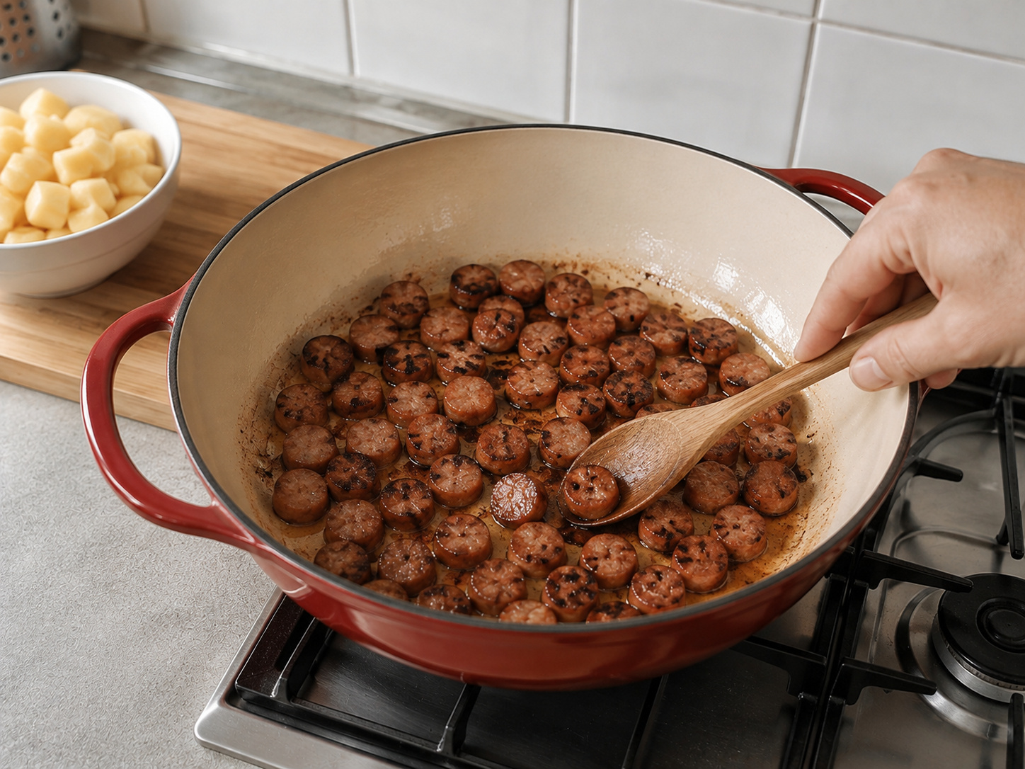 Semur Kentang Sosis Paprika Hungaria — Cokelatkan sosis dalam minyak