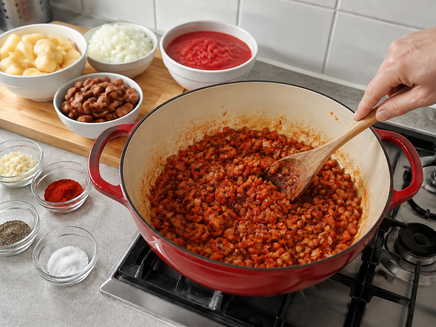 Semur Kentang Sosis Paprika Hungaria — Tambahkan bawang putih dan paprika hingga harum