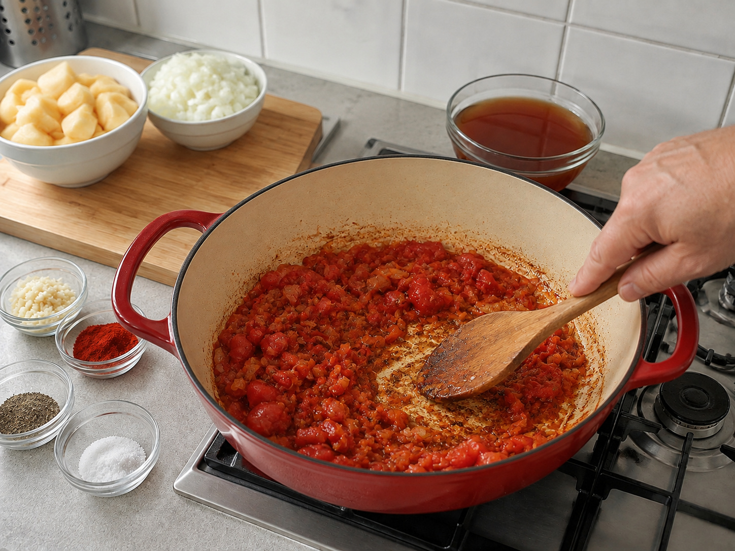 Semur Kentang Sosis Paprika Hungaria — Tambahkan tomat lalu kerik dasar panci