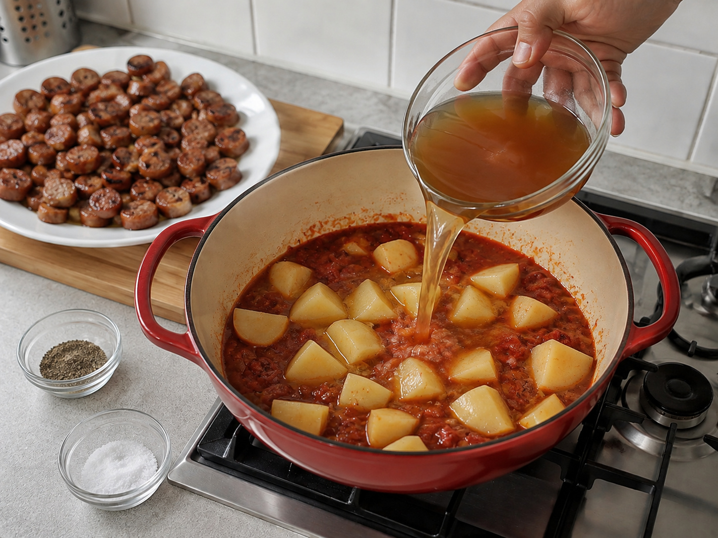 Semur Kentang Sosis Paprika Hungaria — Tambahkan kentang, kaldu, garam, dan lada