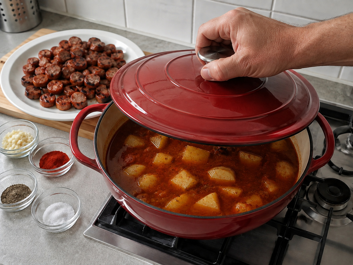 Semur Kentang Sosis Paprika Hungaria — Tutup dan masak hingga kentang hampir empuk