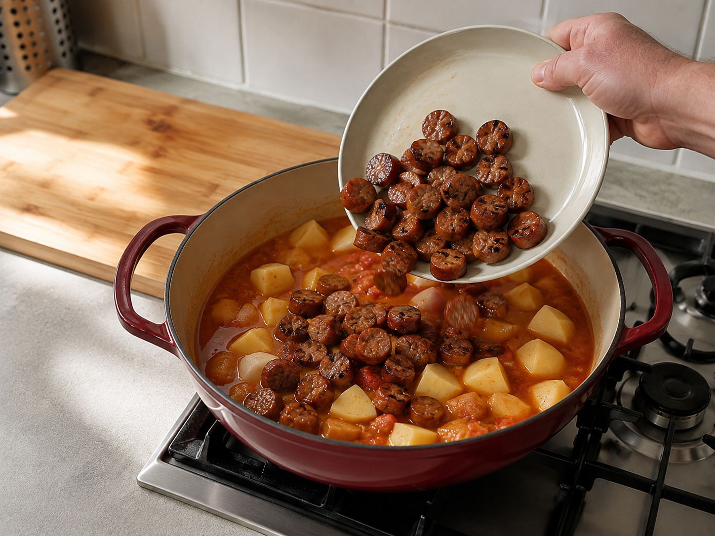 Semur Kentang Sosis Paprika Hungaria — Masukkan kembali sosis dan masak hingga kentang empuk