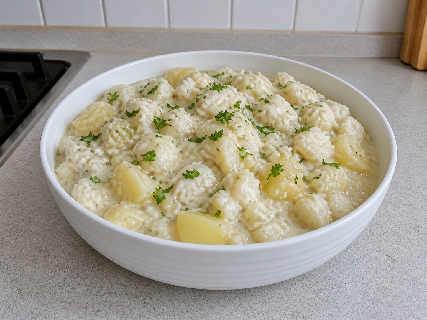 Icelandic Fish and Potato Stew: Flaked white fish and tender potatoes are folded into a thick onion milk sauce for a gentle Icelandic home stew.