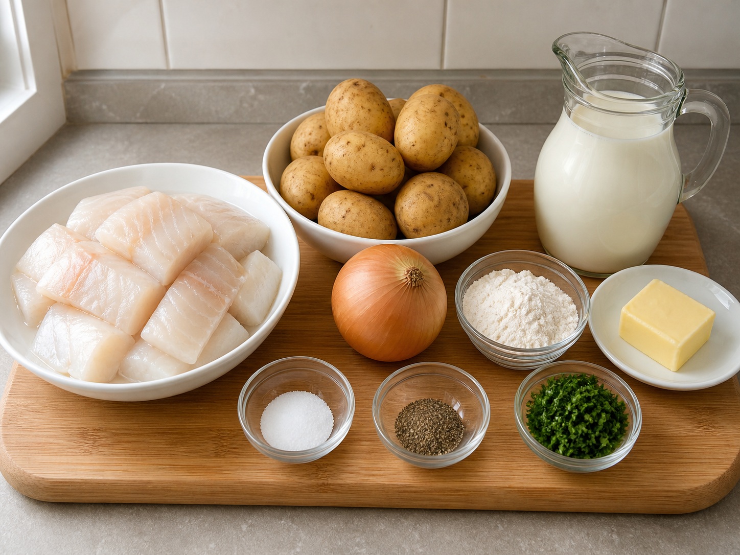 Icelandic Fish and Potato Stew: 500 g white fish fillets, 700 g medium potatoes, 1 piece onion, 500 ml milk, 40 g butter, 3 tbsp all-purpose flour, 1 tsp salt, 1/2 tsp Black pepper, 2 tbsp parsley