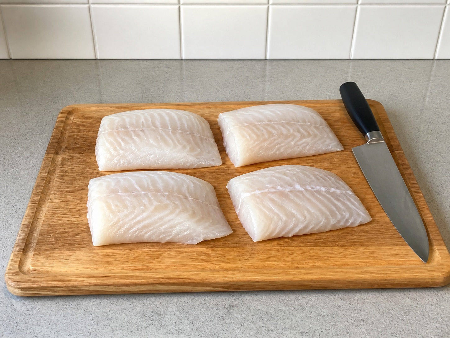 Check and portion the fish: Check and portion the fish. Use the listed ingredients and the appropriate household tool in order; confirm the food has reached the described state before continuing.