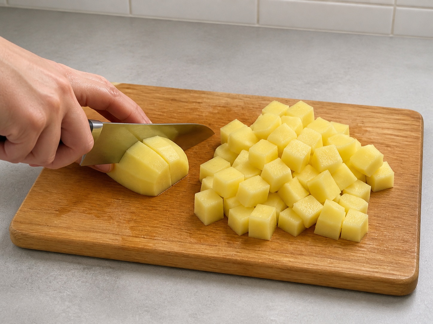 Peel and cube the potatoes: Peel and cube the potatoes. Use the listed ingredients and the appropriate household tool in order; confirm the food has reached the described state before continuing.
