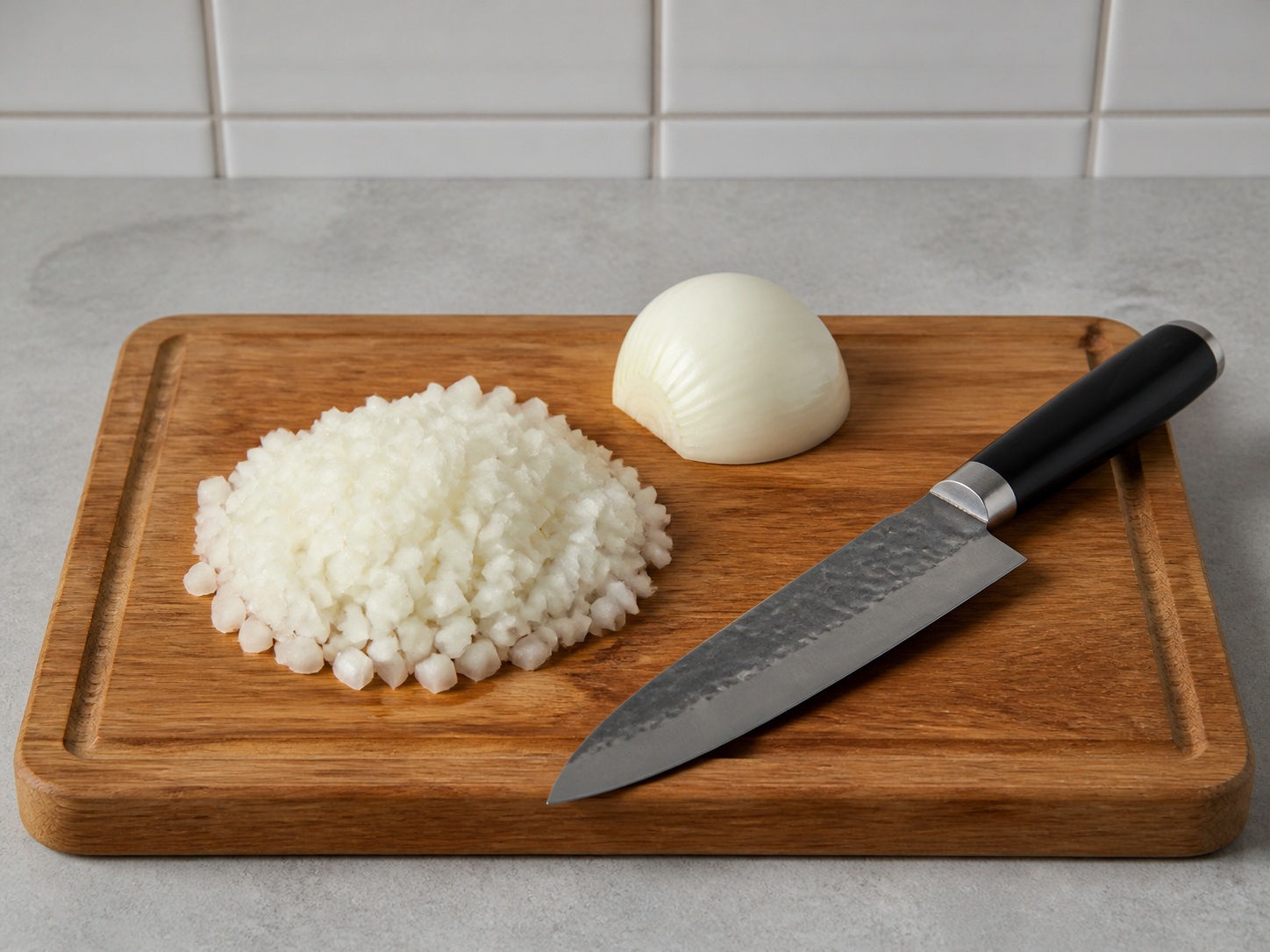 Dice the onion: Dice the onion. Use the listed ingredients and the appropriate household tool in order; confirm the food has reached the described state before continuing.