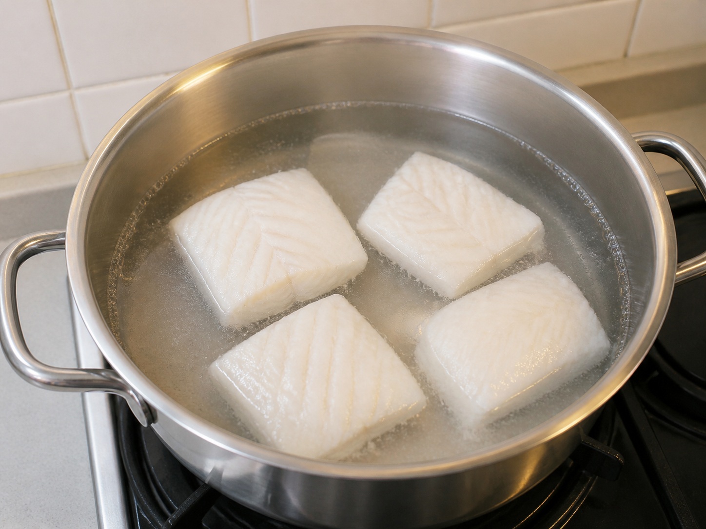 Poach the fish gently: Poach the fish gently. Use the listed ingredients and the appropriate household tool in order; confirm the food has reached the described state before continuing.
