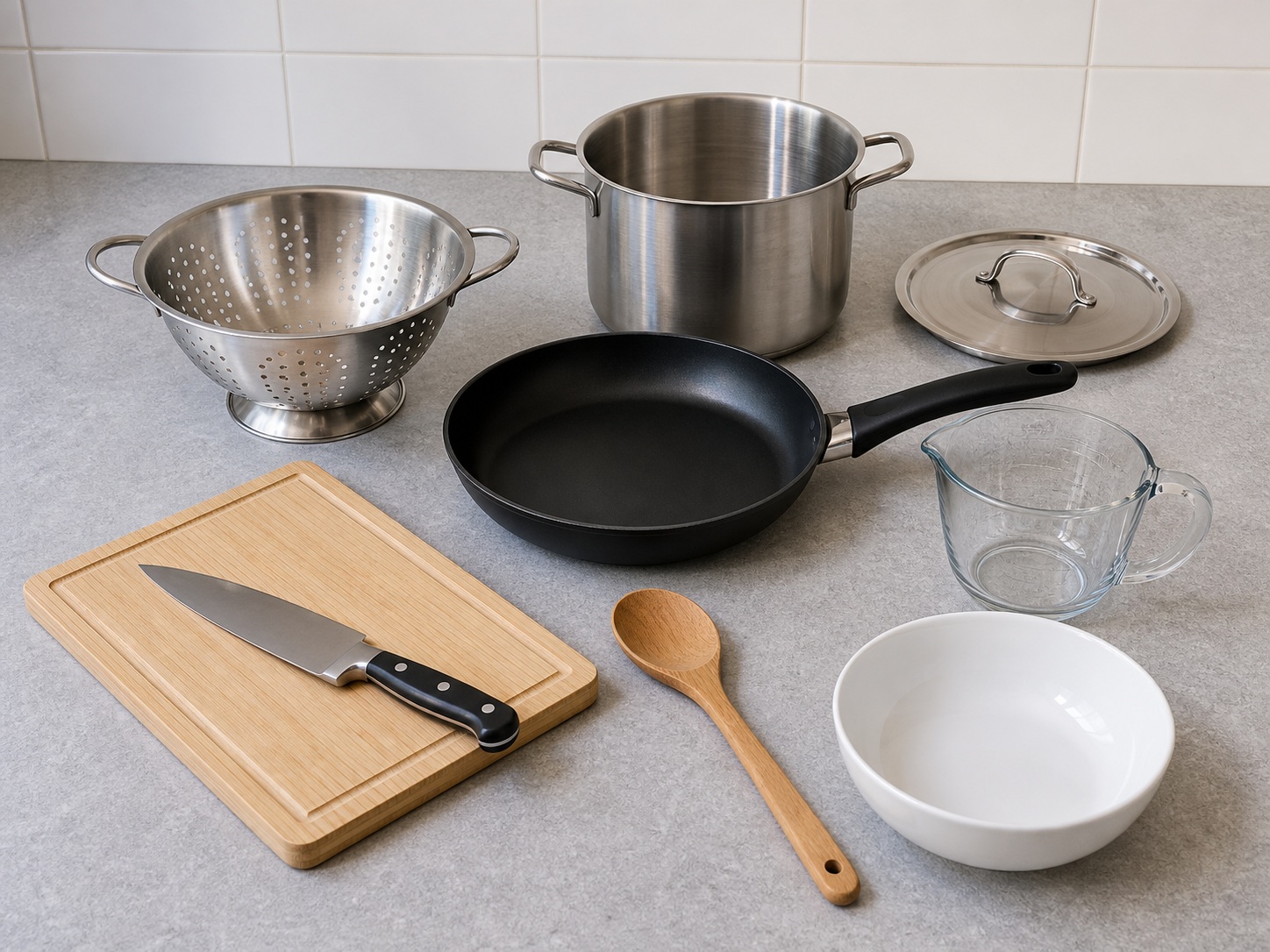 Icelandic Fish and Potato Stew: knife, cutting board, stockpot, colander, frying pan, wooden spoon, measuring cup, serving bowl