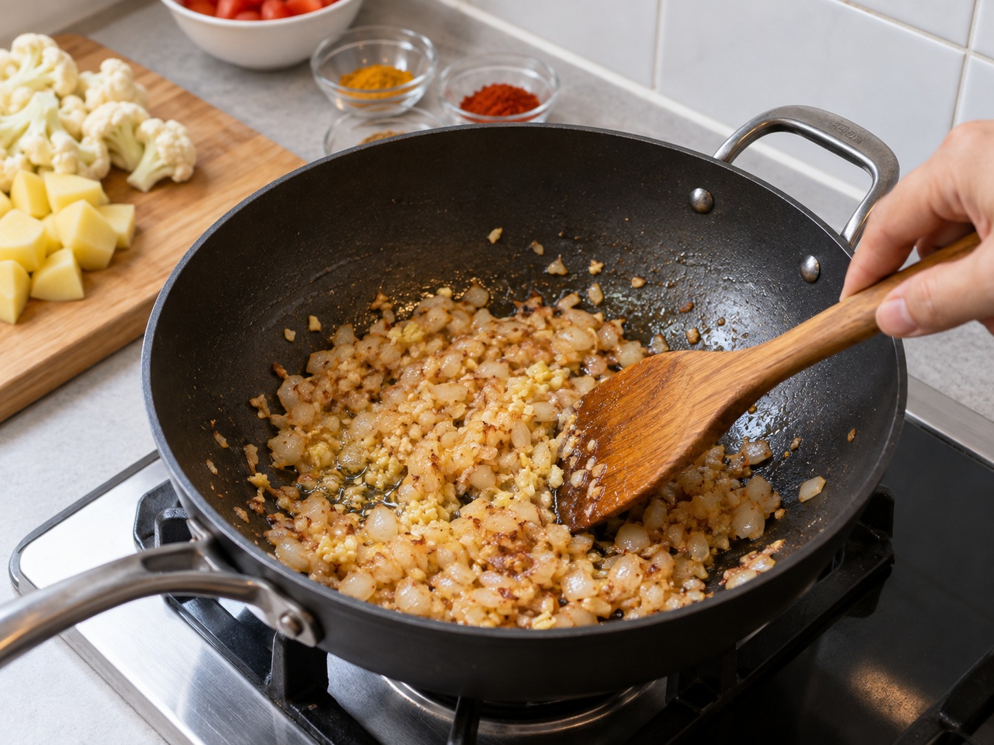 Indian Aloo Gobi — Cook onion and aromatics