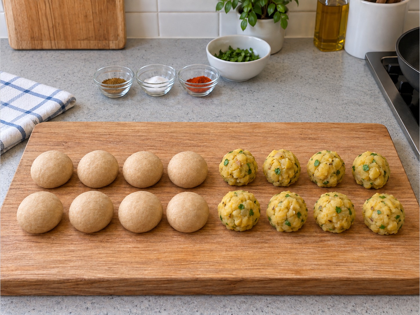 Indian Aloo Paratha — Divide dough and filling into eight each