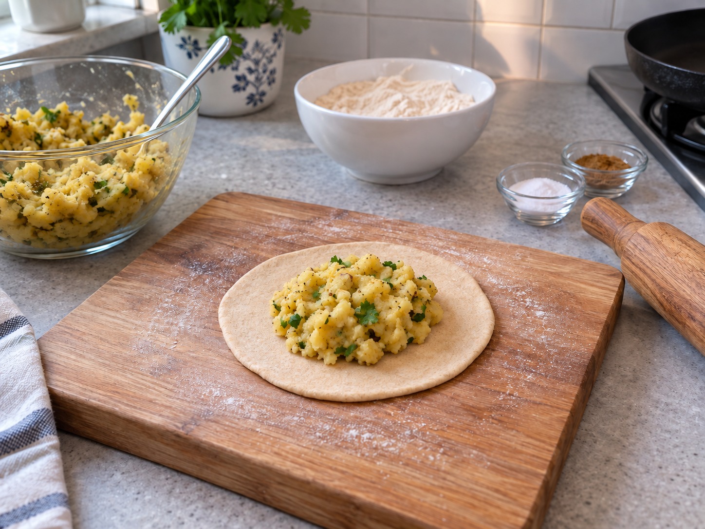 Indian Aloo Paratha — Flatten dough and put potato in centre