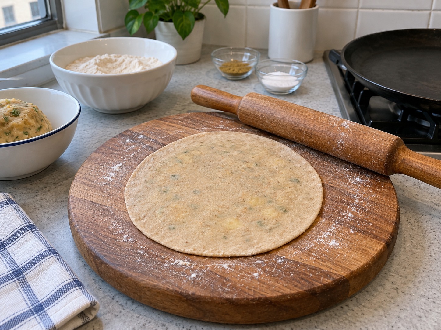 Indian Aloo Paratha — Dust lightly and roll gently to fifteen centimetres