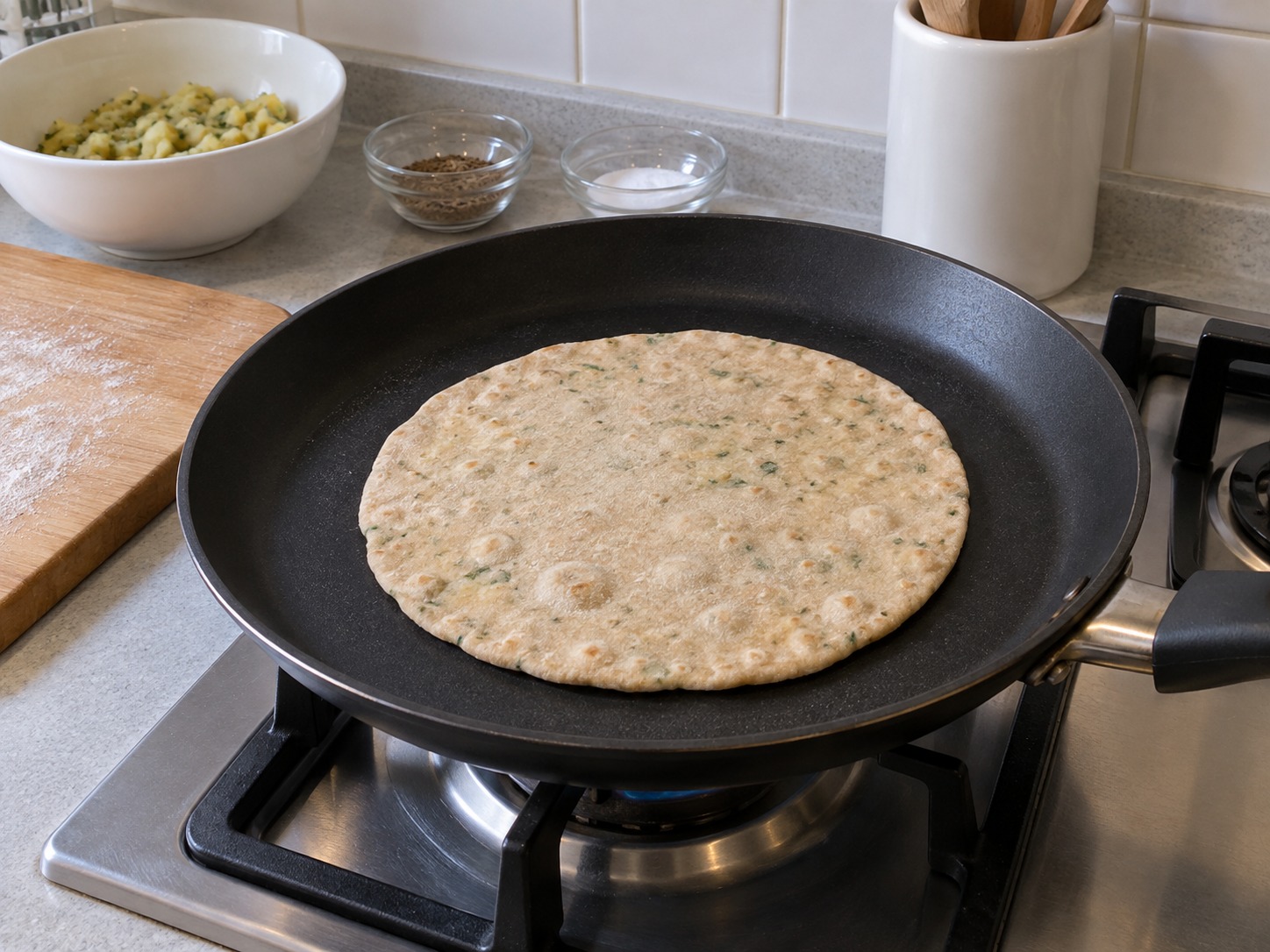 Indian Aloo Paratha — Place on medium-hot pan for one minute, then turn
