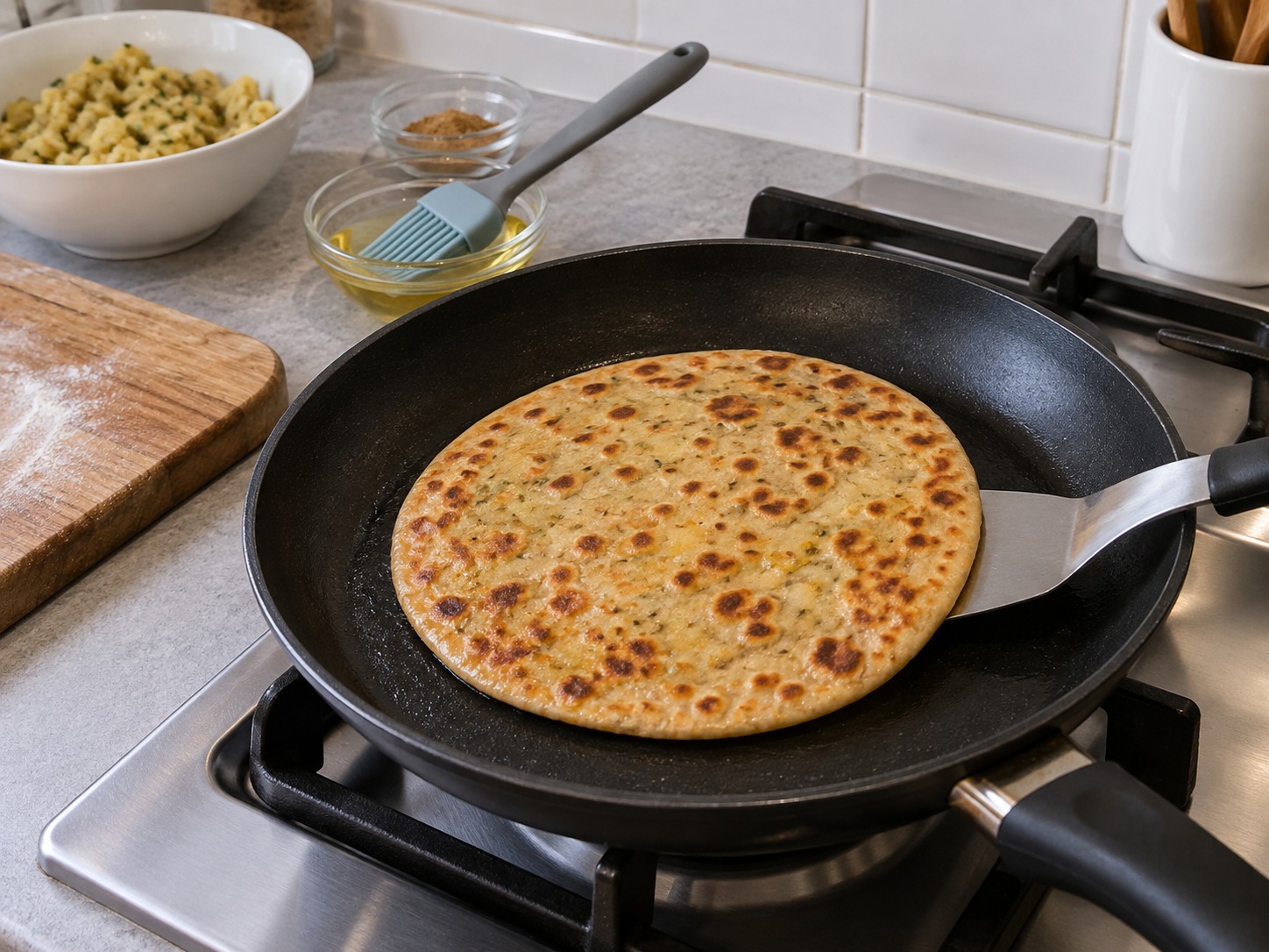 Indian Aloo Paratha — Brush oil lightly; cook each side one to two minutes until golden and cooked