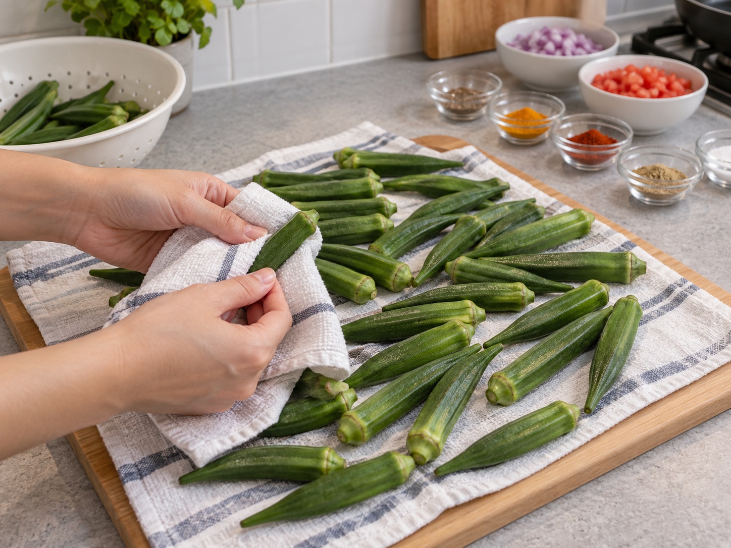 Bhindi Masala India — Keringkan okra sepenuhnya