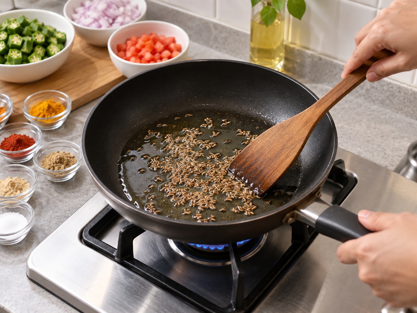 Bhindi Masala India — Tumis biji jintan