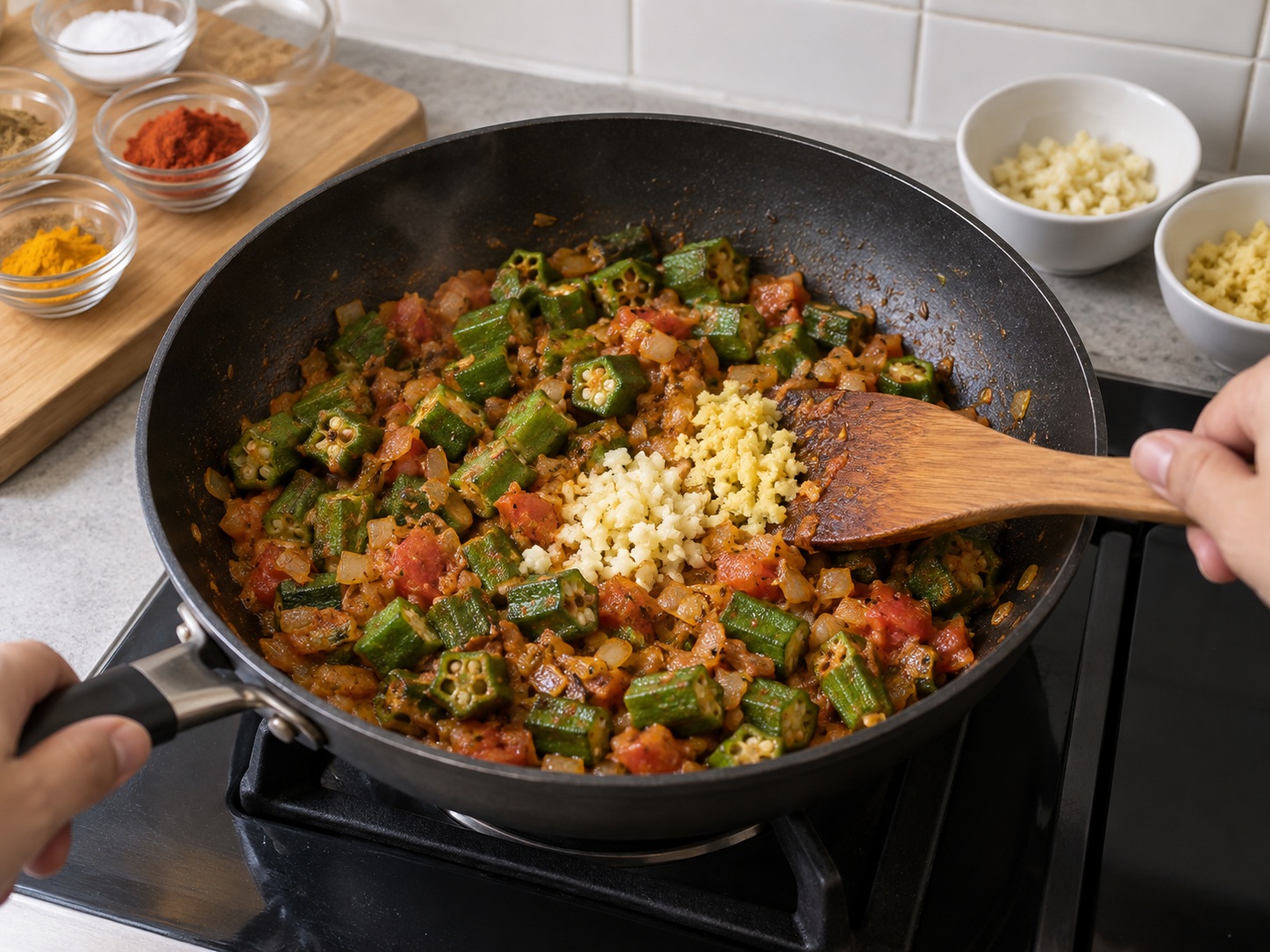 Bhindi Masala India — Masukkan jahe cincang