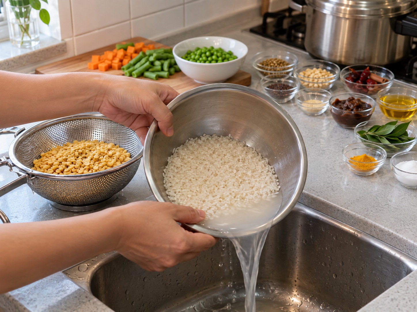 印度卡納塔克扁豆雜菜香料飯 — 米和木豆分別洗淨瀝乾