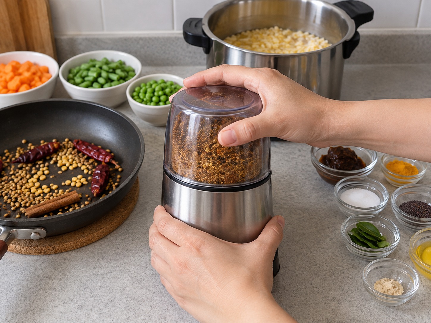 印度卡納塔克扁豆雜菜香料飯 — 香料完全放涼後以研磨機磨成卡納塔克香料粉