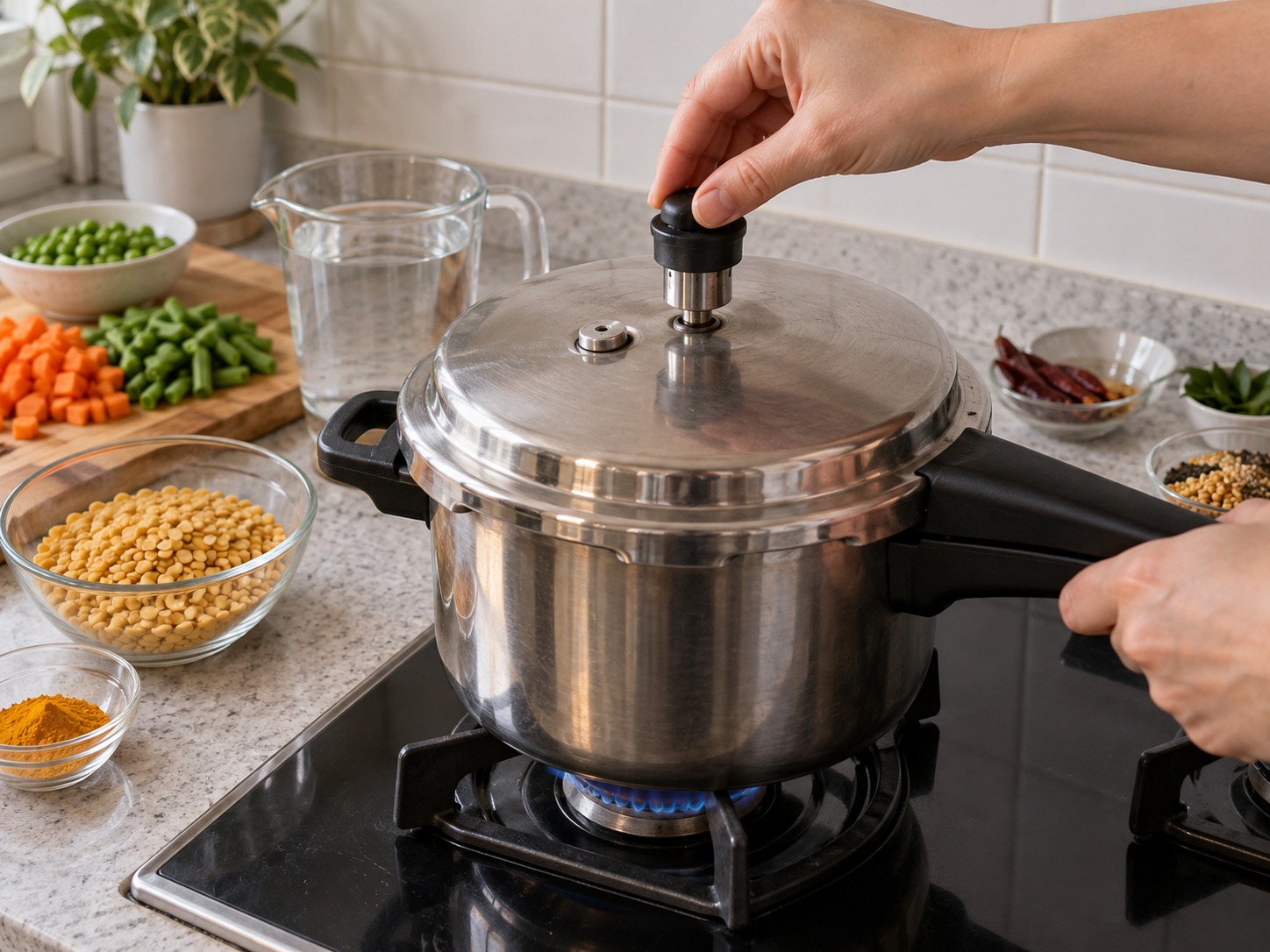 印度卡納塔克扁豆雜菜香料飯 — 木豆、薑黃和600毫升水放壓力鍋，高壓煮二十分鐘後自然洩壓
