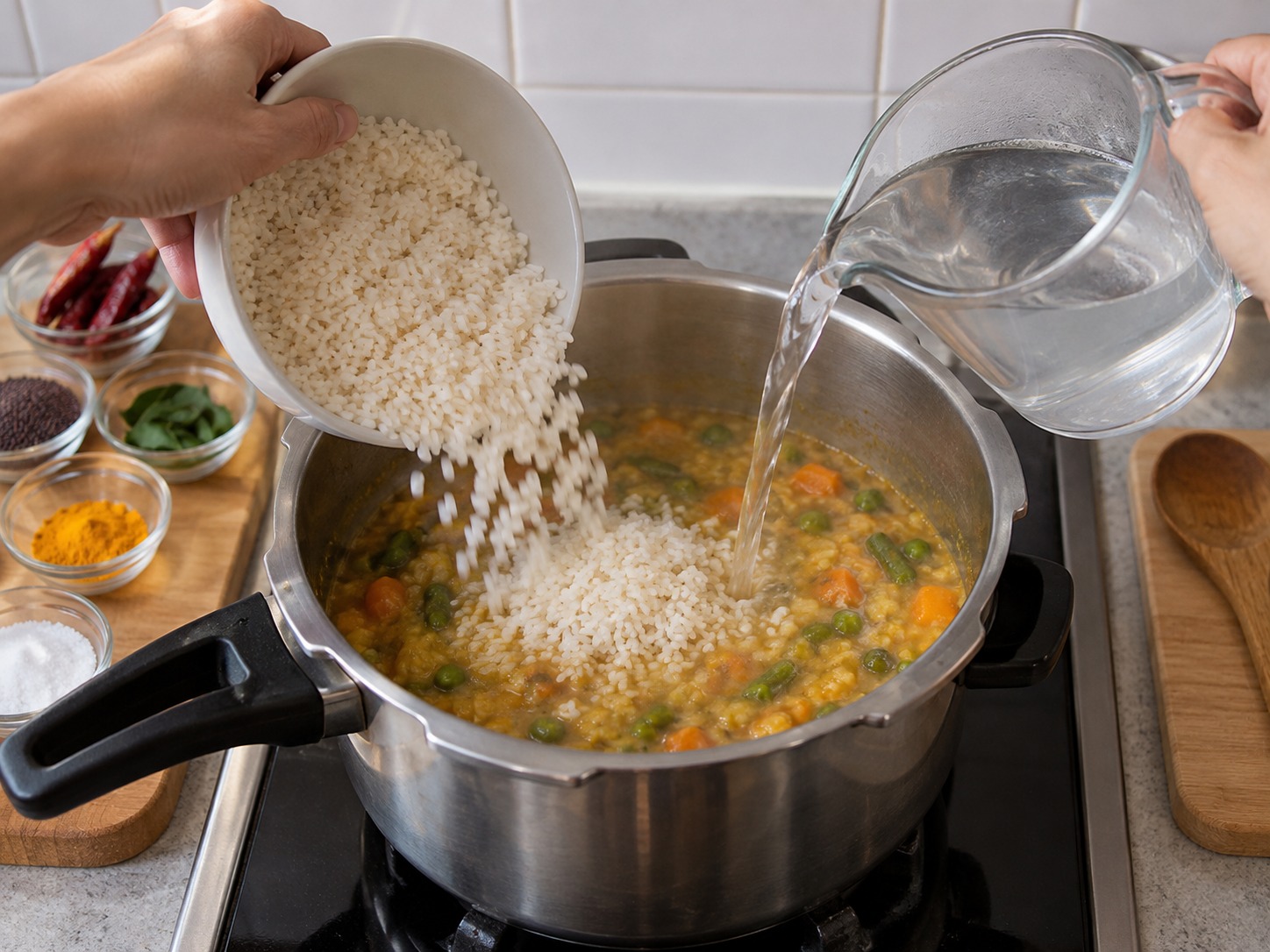 印度卡納塔克扁豆雜菜香料飯 — 木豆壓至極軟後加入米和400毫升熱水，續煮十五分鐘
