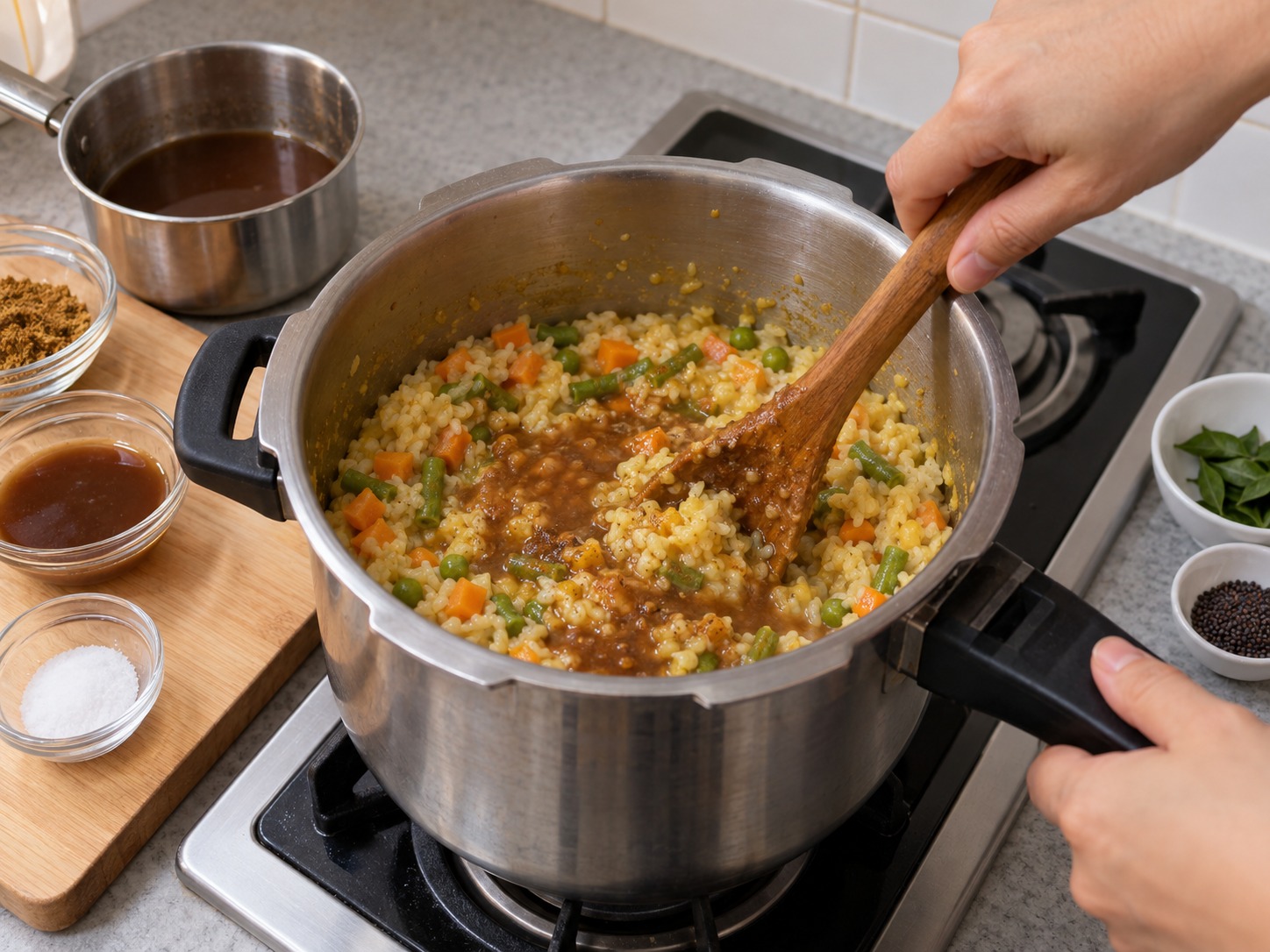 印度卡納塔克扁豆雜菜香料飯 — 羅望子水、卡納塔克香料粉和鹽拌入米豆