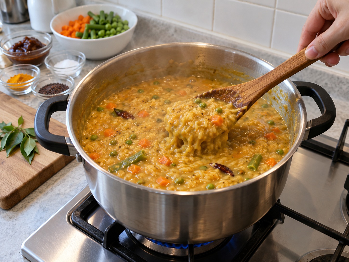 印度卡納塔克扁豆雜菜香料飯 — 小火煮至柔軟濃稠而仍可流動