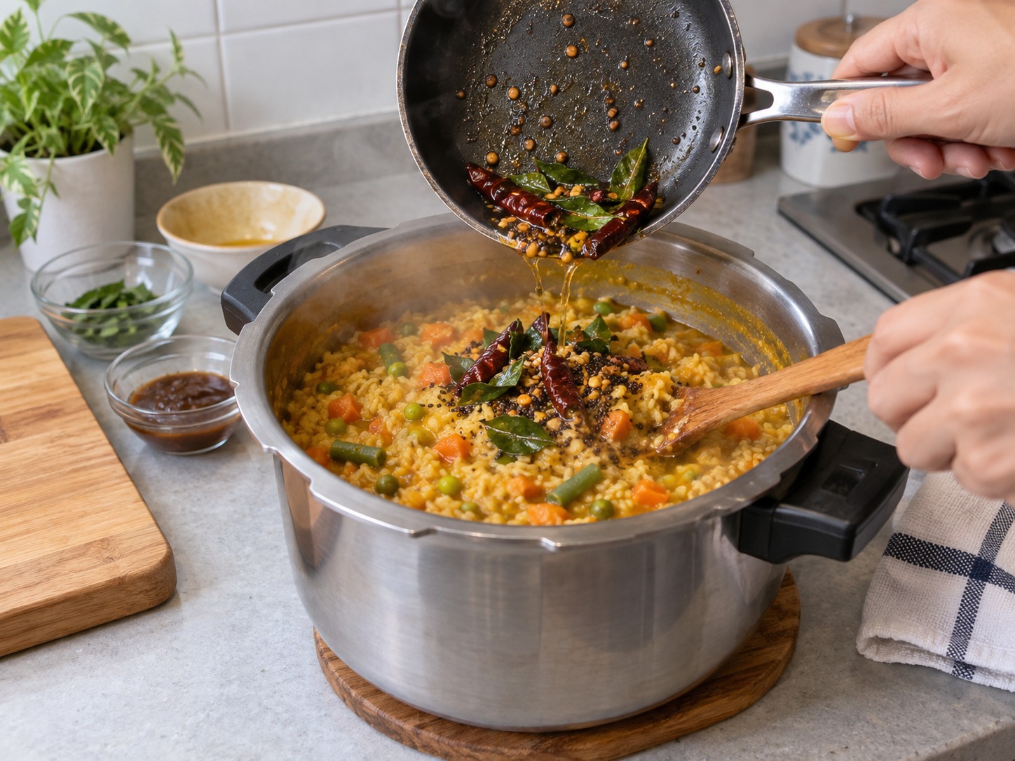 印度卡納塔克扁豆雜菜香料飯 — 把爆香料淋入飯中拌勻，靜置五分鐘上桌