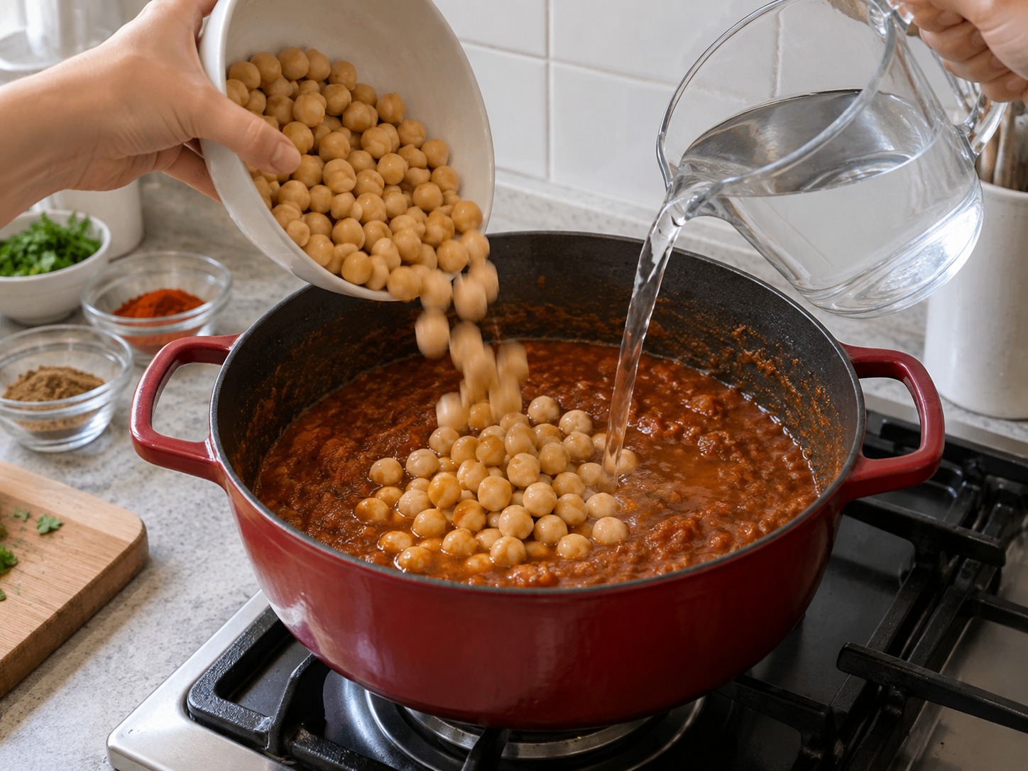 印度香料鷹嘴豆 — 加入豆和水