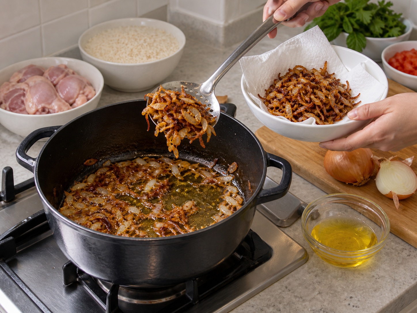 印度雞肉印度香飯 — 煎炒洋蔥