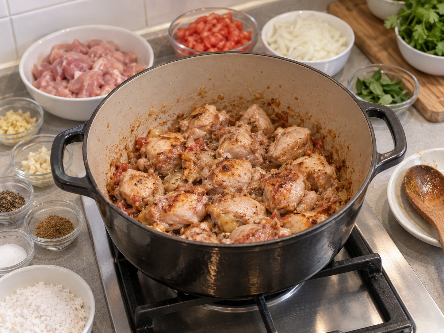 印度切蒂納德香料雞 — 加入雞肉煎至表面轉色