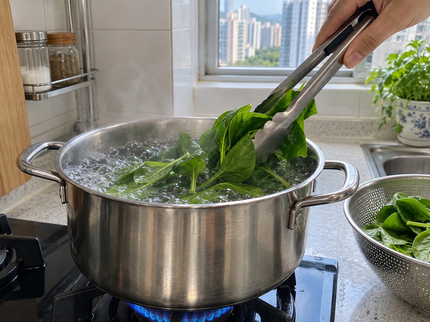 印度菠菜雞肉咖喱 — 汆菠菜