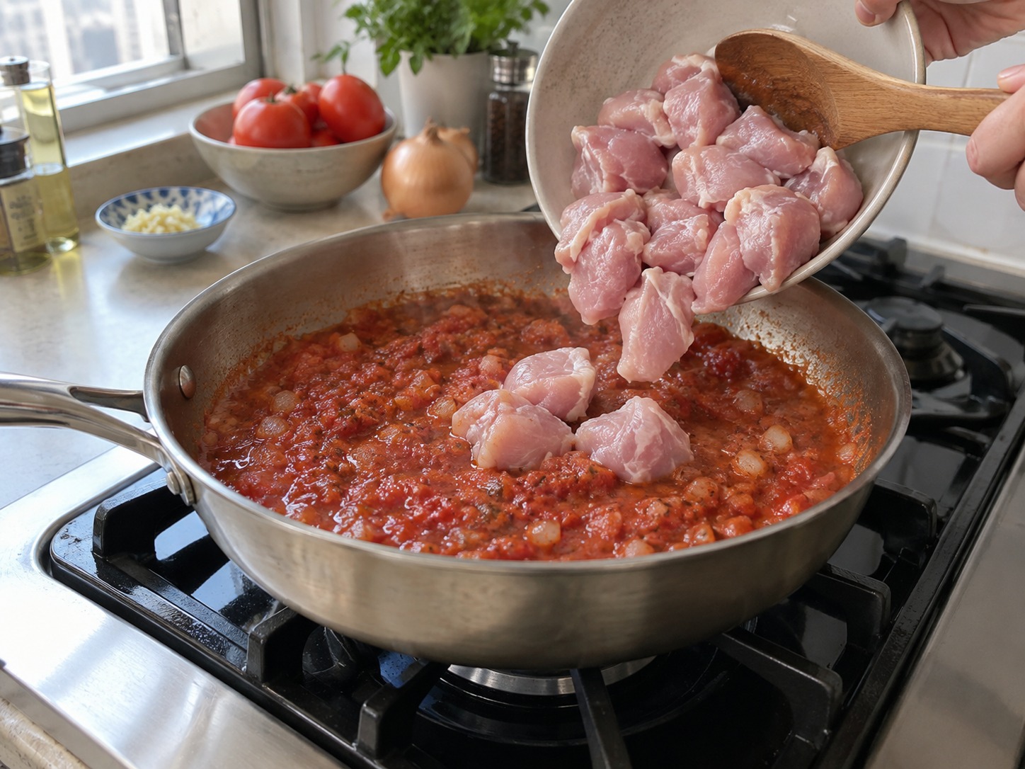 印度菠菜雞肉咖喱 — 加入生雞
