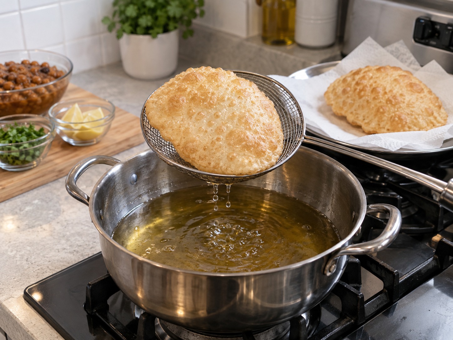 印度鷹嘴豆咖喱炸餅 — 撈起瀝油，重複完成全部 bhature